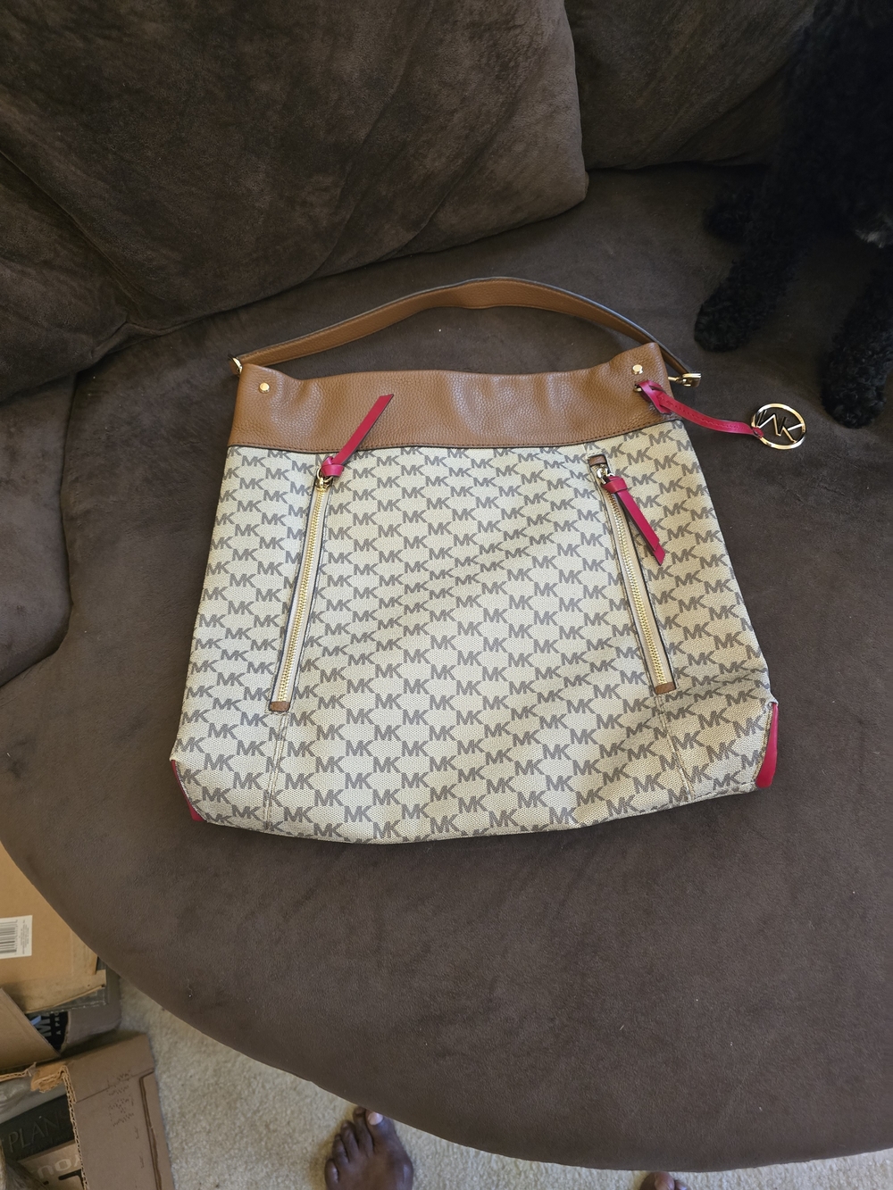 Michael Kors Beige MK Signature Hobo with Brown Trim and Pink Accents